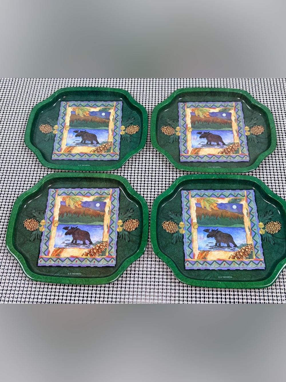 Vintage Giftco Andrea Tachiera Moose Snack Trays Set of 4 Cabin Lodge Decor
